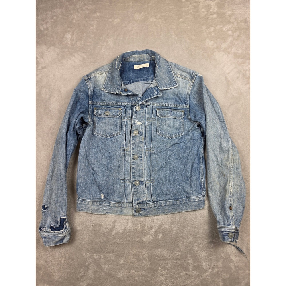 AllSaints Denim Jacket Mens Medium Blue Distressed Trucker Jean Jacket